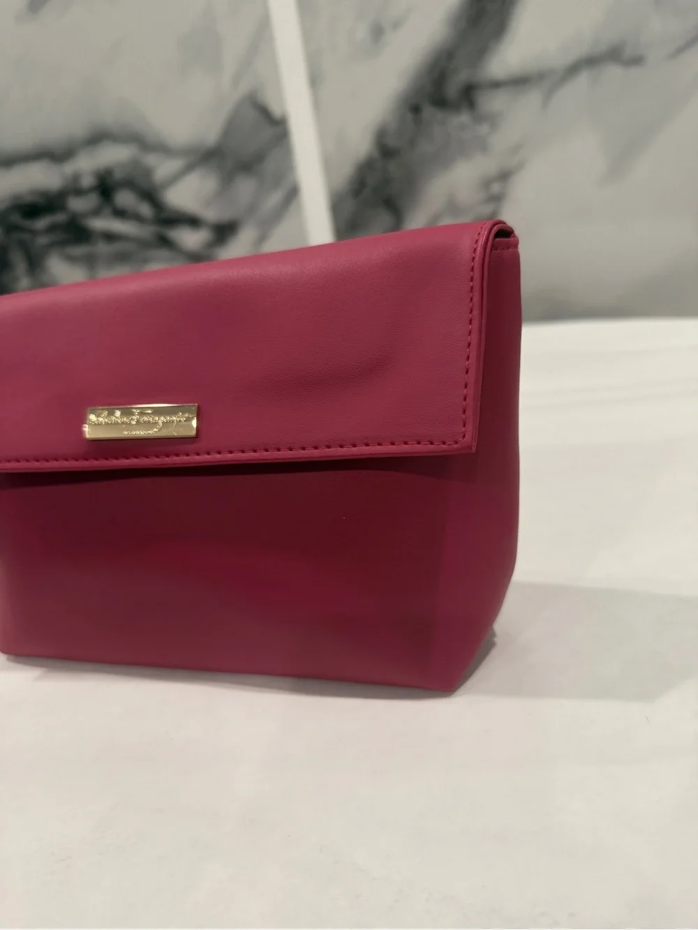 Salvatore Ferragamo Fuchsia. Faux Leather Cosmetic Case with Gold Plaque